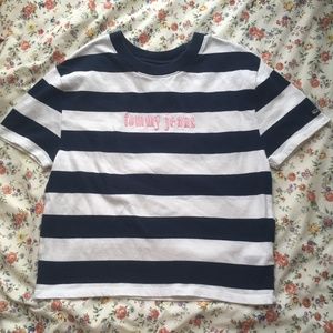 Tommy Hilfiger navy and white striped pink wording oversized crop top